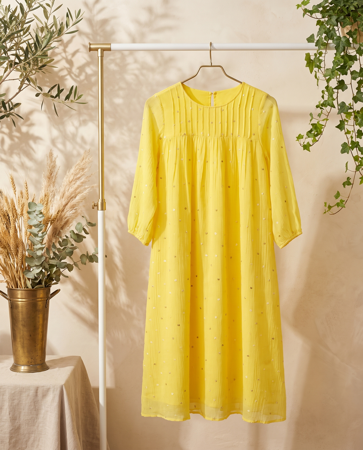 Raahi Kiran — butter yellow Mul Chanderi A-line dress with pintucked yoke — Ivory Hues, Indian ethnic wear Singapore