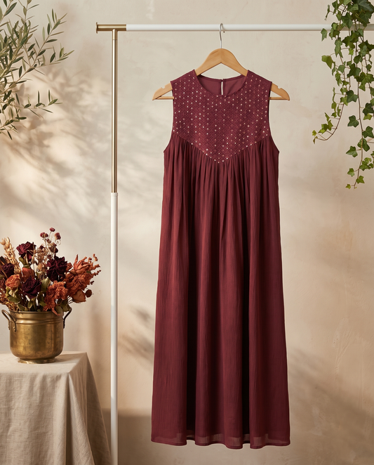 Raahi Sukoon — maroon crushed Chanderi dress with embellished georgette yoke — Ivory Hues, Indian ethnic wear Singapore