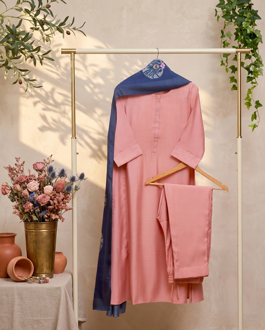 Noor Jahan — salmon suit set with digital-print contrast dupatta — Ivory Hues, Indian ethnic wear Singapore