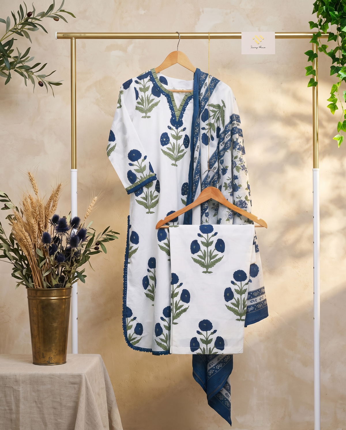 Malhar Sagar — white cotton suit set with Mughal handblock butta prints — Ivory Hues, Indian ethnic wear Singapore