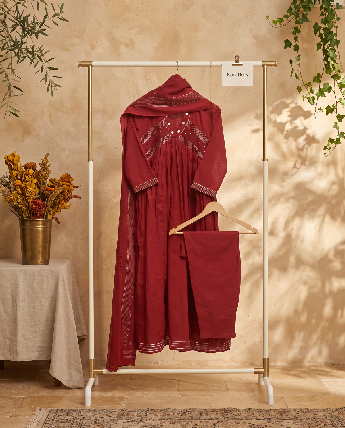 Anokhi Indira — red cotton suit set with mirror and lace neckline detail — Ivory Hues, Indian ethnic wear Singapore