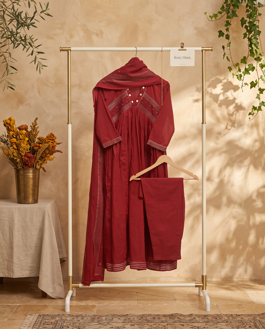 Anokhi Indira — red cotton suit set with mirror and lace neckline detail — Ivory Hues, Indian ethnic wear Singapore