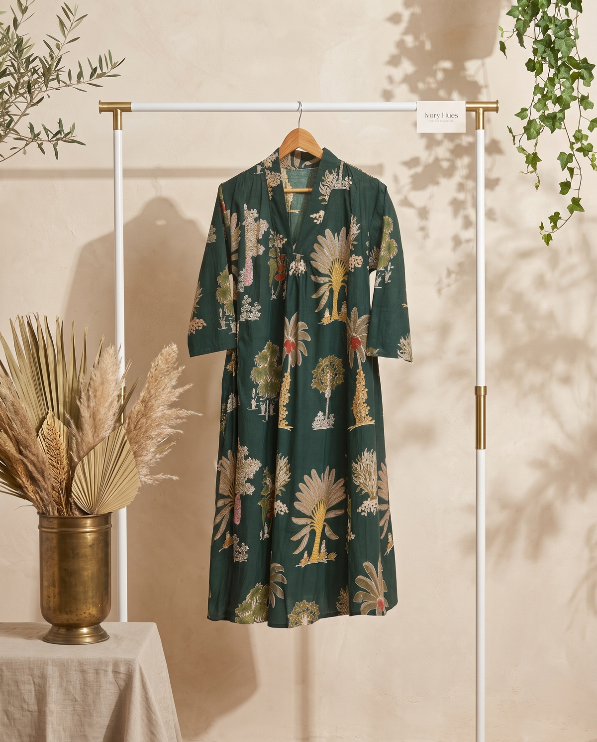 Fiza 2.0 Forest Green — forest green breathable cotton dress, relaxed silhouette — Ivory Hues, Indian ethnic wear Singapore