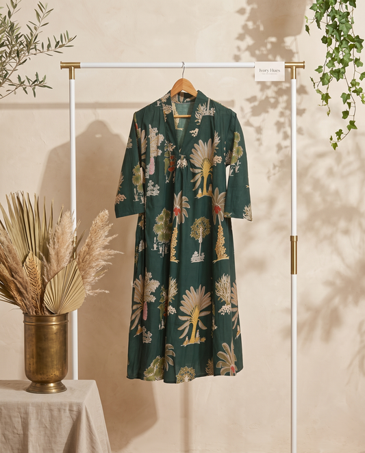 Fiza 2.0 Forest Green — forest green breathable cotton dress, relaxed silhouette — Ivory Hues, Indian ethnic wear Singapore