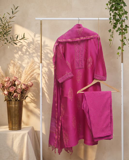 Raaga Mohini — magenta Chanderi suit set with handblock prints — Ivory Hues, Indian ethnic wear Singapore
