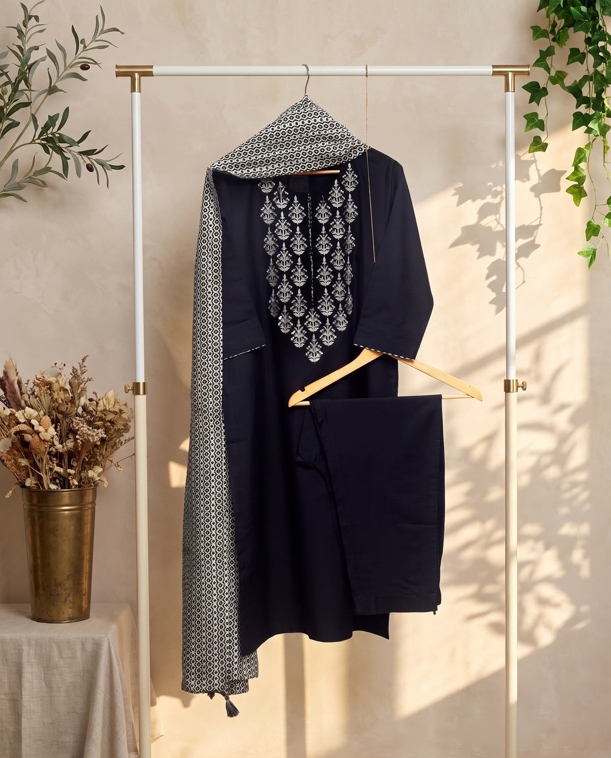 Anokhi Shobha — black and grey cotton suit with floral embroidered neckline — Ivory Hues, Indian ethnic wear Singapore