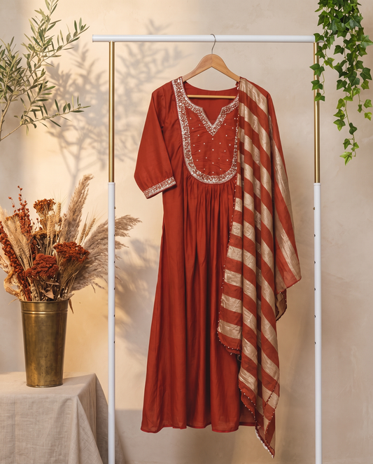 Noor Jwala — deep rust mul Chanderi suit with sequin-edged dupatta — Ivory Hues, Indian ethnic wear Singapore