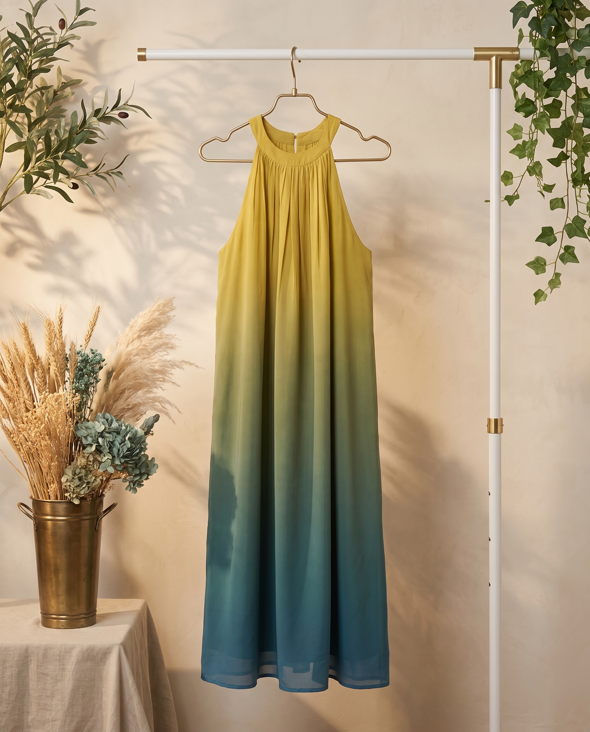 Raahi Saaya — green ombré Mul Chanderi flowy dress with gathered neckline — Ivory Hues, Indian ethnic wear Singapore