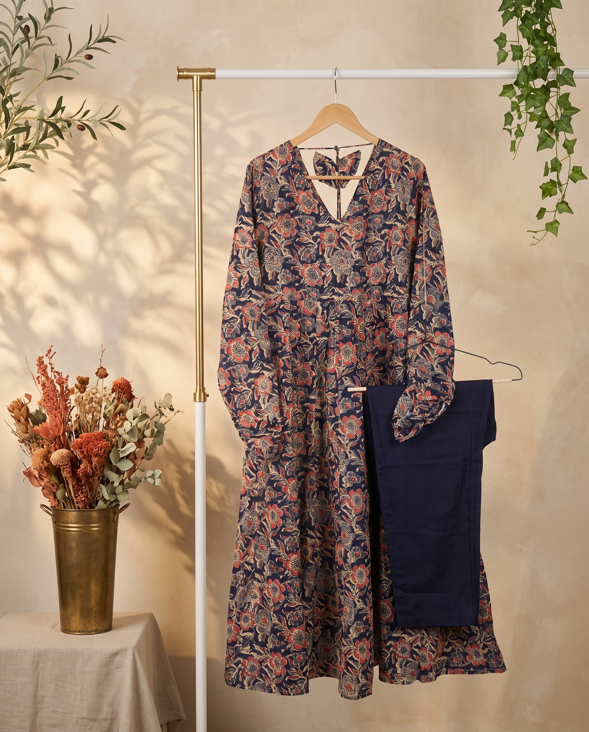 Sunehri Shabnam — Anarkali co-ord set with Kalamkari print and ruched sleeves — Ivory Hues, Indian ethnic wear Singapore
