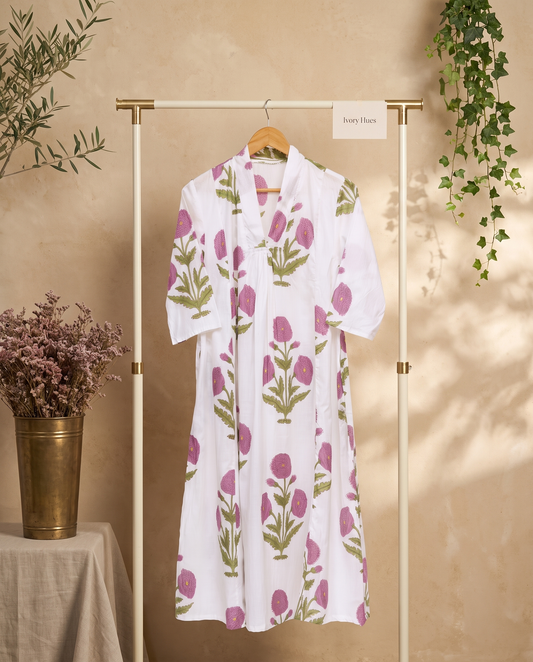 Fiza 3.0 Lavender Poppy — lavender poppy-print cotton dress with V-neckline — Ivory Hues, Indian ethnic wear Singapore