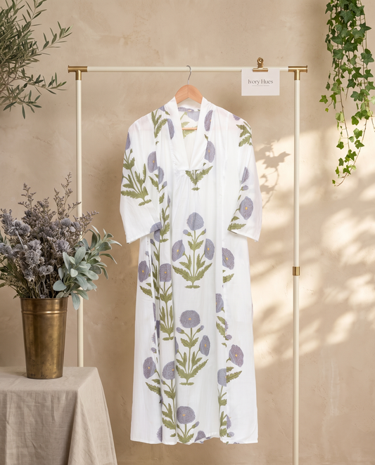 Fiza 3.0 Stone Gray Poppy — stone gray poppy-print cotton dress with V-neckline — Ivory Hues, Indian ethnic wear Singapore