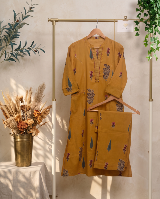 Meher Shobha — mustard co-ord set with Mughal handblock prints and beaded tassels — Ivory Hues, Indian ethnic wear Singapore