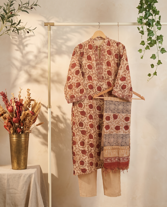 Raaga Esha — beige Chanderi three-piece suit — Ivory Hues, Indian ethnic wear Singapore