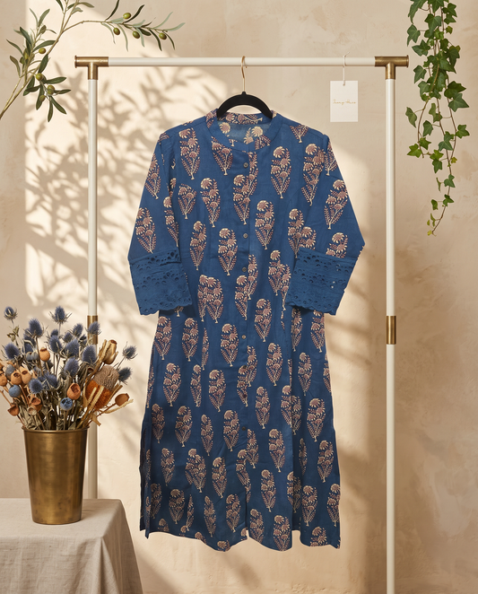 Gulmarg Neela — ink blue kurti with Mughal motif handblock print — Ivory Hues, Indian ethnic wear Singapore