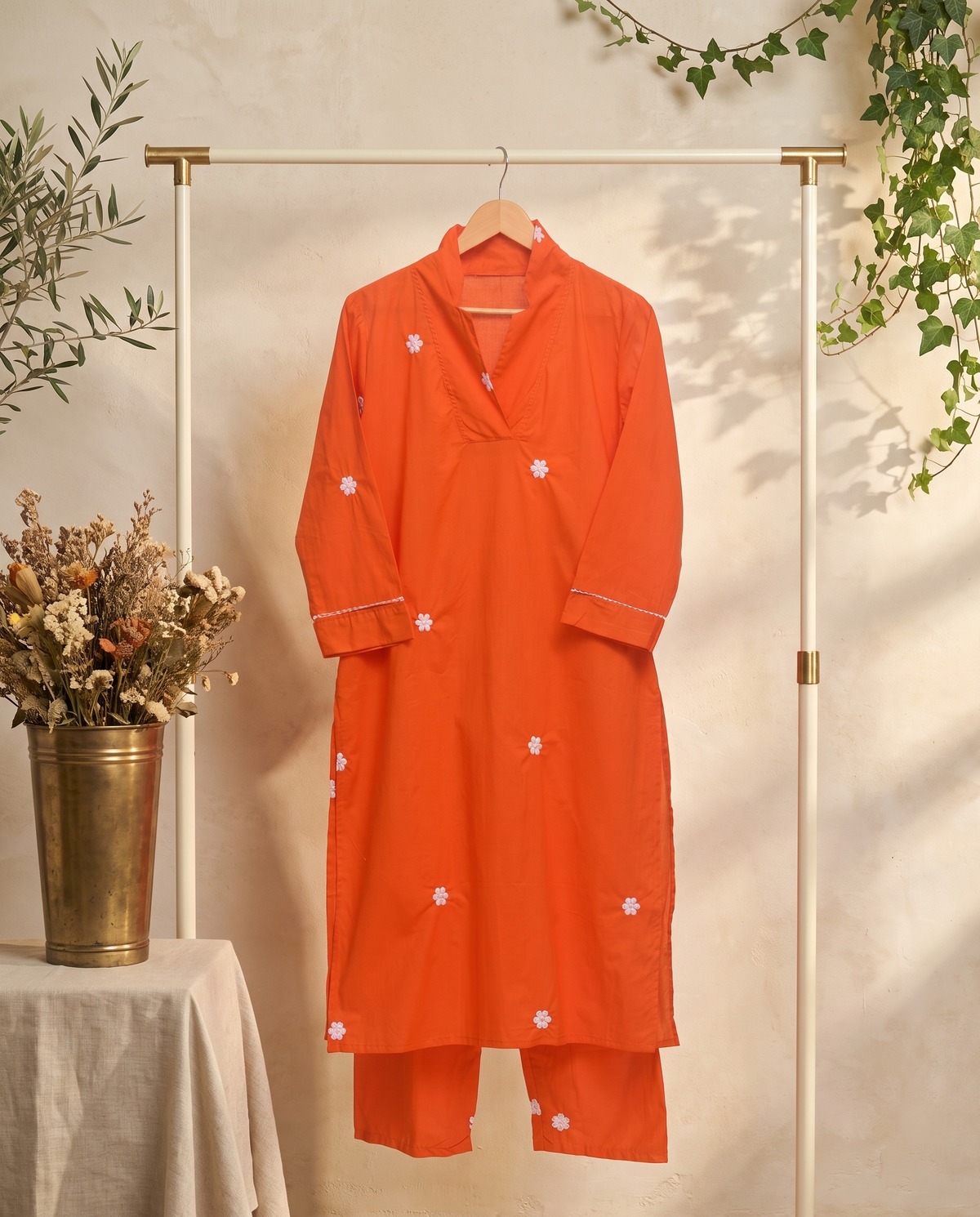 Meher Tamannah — orange cotton co-ord set with white floral embroidery — Ivory Hues, Indian ethnic wear Singapore