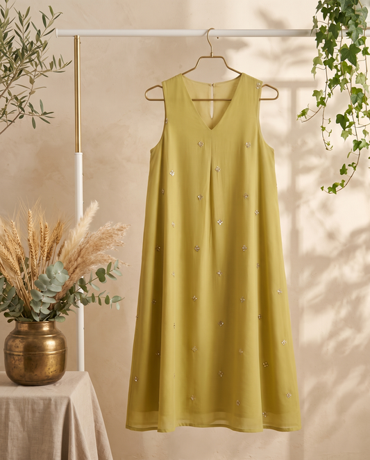 Raahi Rang — mimosa yellow Mul Chanderi flare dress with V-neckline — Ivory Hues, Indian ethnic wear Singapore