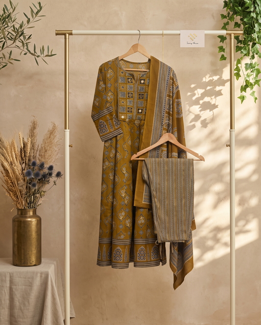Sunehri Haldi — mustard cotton Anarkali suit with handblock prints — Ivory Hues, Indian ethnic wear Singapore