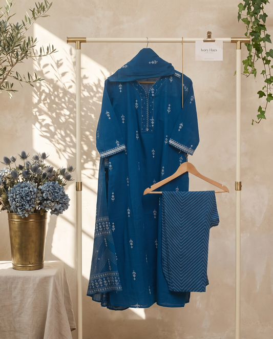 Anokhi Tarini — azure blue cotton suit set with woven butta prints — Ivory Hues, Indian ethnic wear Singapore