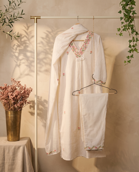 Anokhi Saundarya — off-white cotton suit with colorful embroidery — Ivory Hues, Indian ethnic wear Singapore