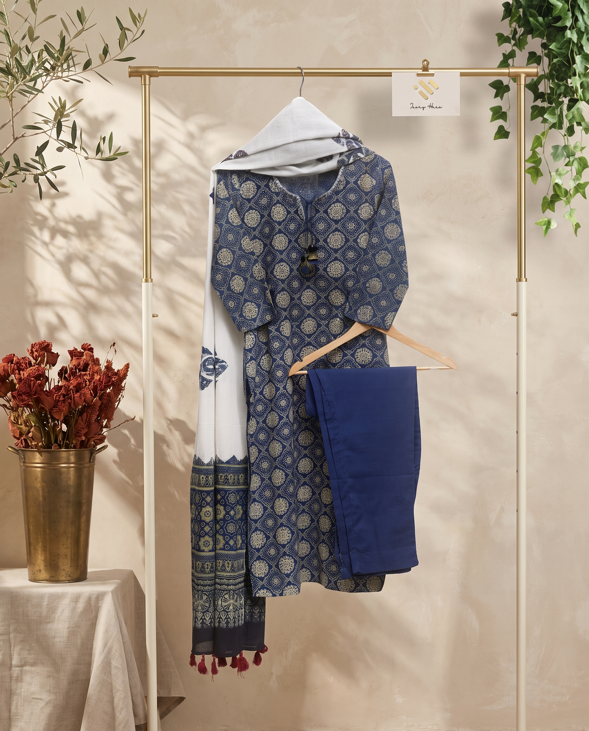 Sunehri Pal — blue and green Sanganeri-print suit with appliqued white dupatta — Ivory Hues, Indian ethnic wear Singapore