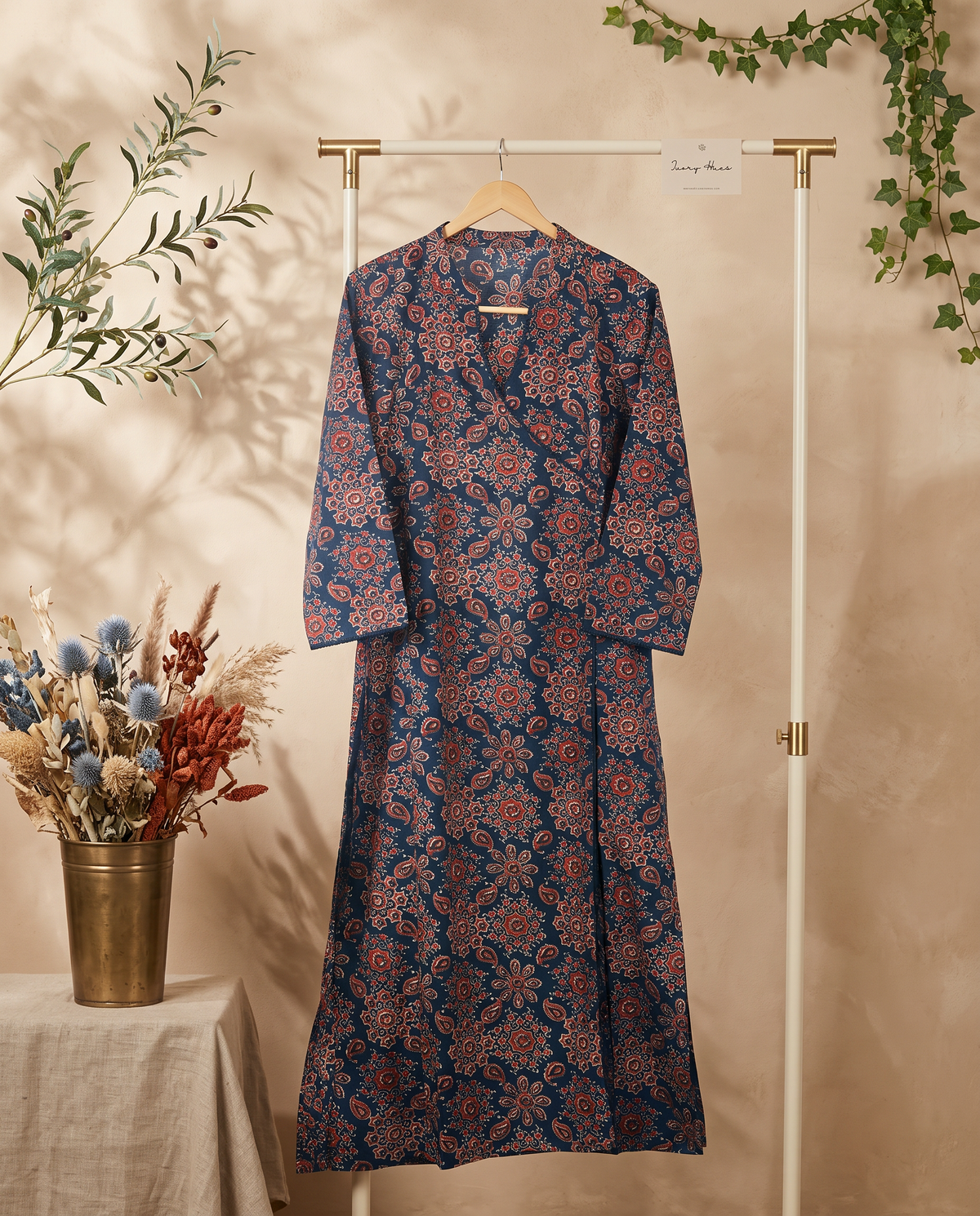 Gulmarg Haseen — navy blue angrakha kurti with Kalamkari print — Ivory Hues, Indian ethnic wear Singapore