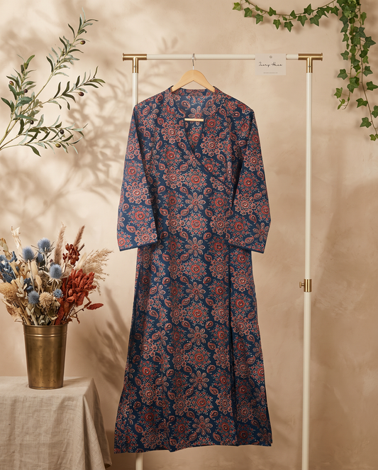 Gulmarg Haseen — navy blue angrakha kurti with Kalamkari print — Ivory Hues, Indian ethnic wear Singapore