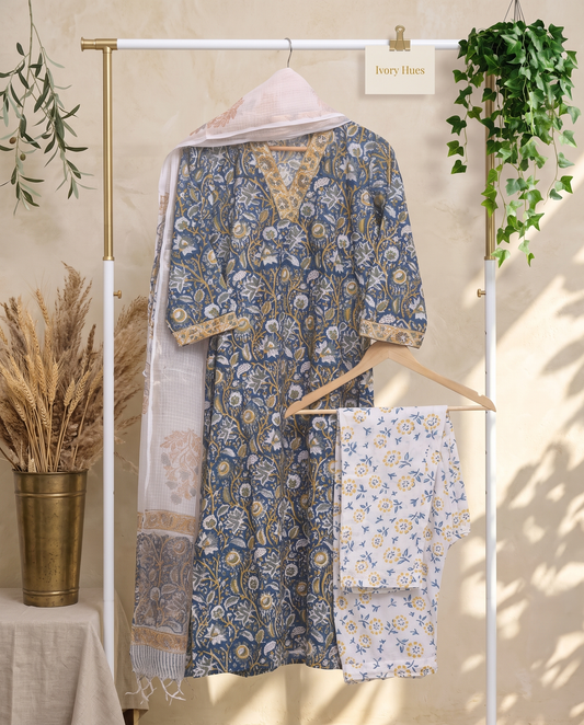 Anokhi Nandini — blue and yellow suit set with handblock prints — Ivory Hues, Indian ethnic wear Singapore