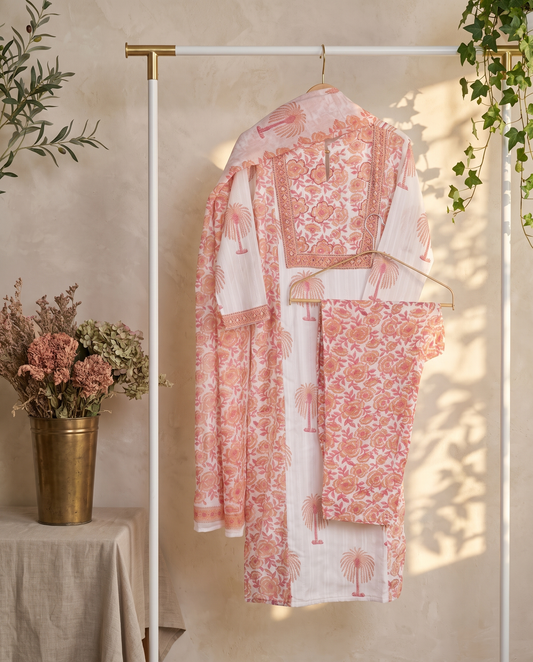 Malhar Ras — white cotton suit with pink and peach floral handblock print — Ivory Hues, Indian ethnic wear Singapore
