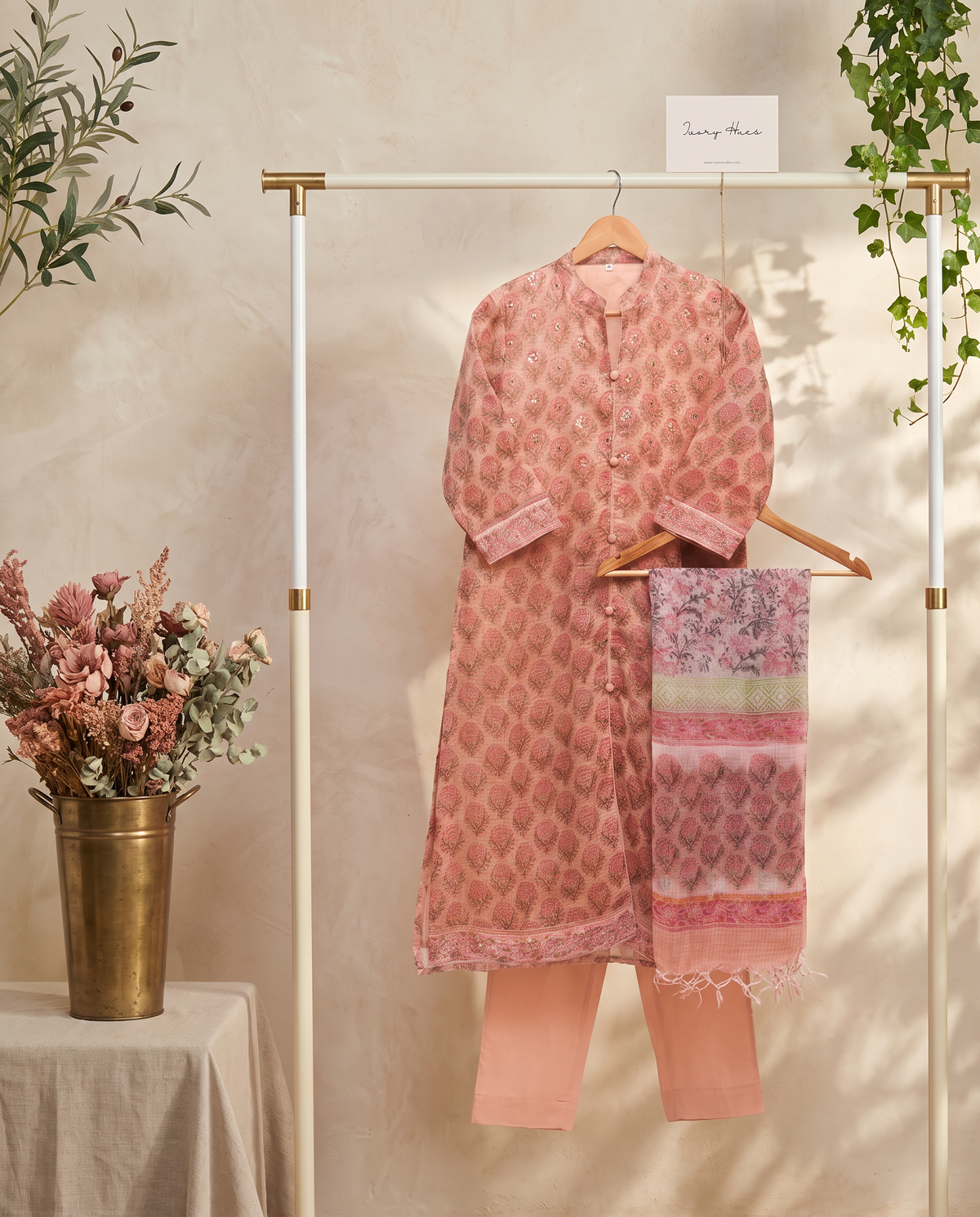 Kota Kainaat Aaliya — peach Kota doria suit with floral handblock print — Ivory Hues, Indian ethnic wear Singapore