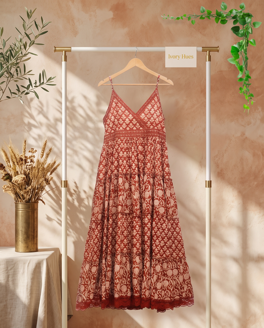 Leher Ayat (Red) — red and beige handblock-print dress, empire-line silhouette — Ivory Hues, Indian ethnic wear Singapore