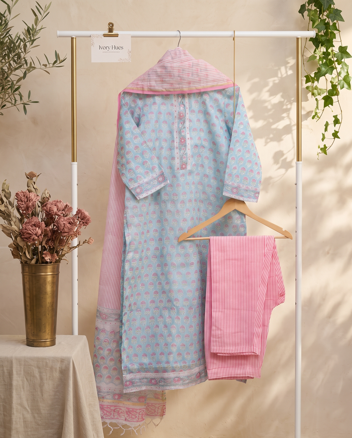Kota Kainaat Mishti — baby blue and pink Kota Doria suit with floral prints — Ivory Hues, Indian ethnic wear Singapore