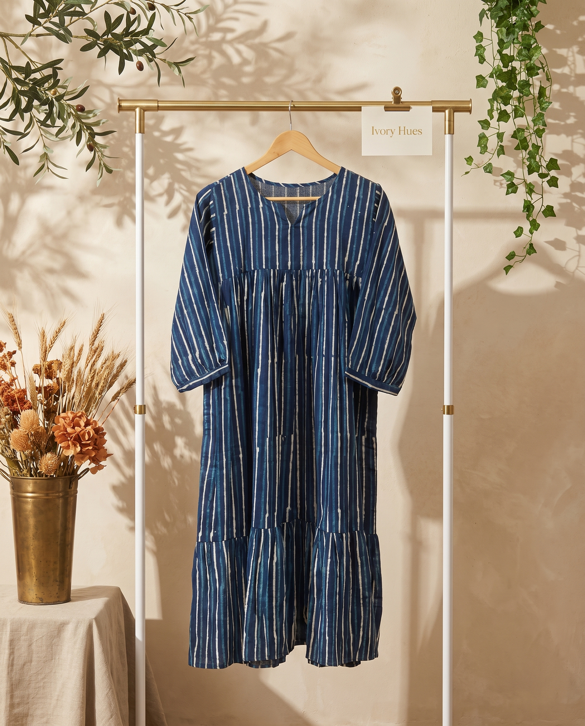 Indigo Rhythm Dress — indigo striped dress with flared silhouette — Ivory Hues, Indian ethnic wear Singapore