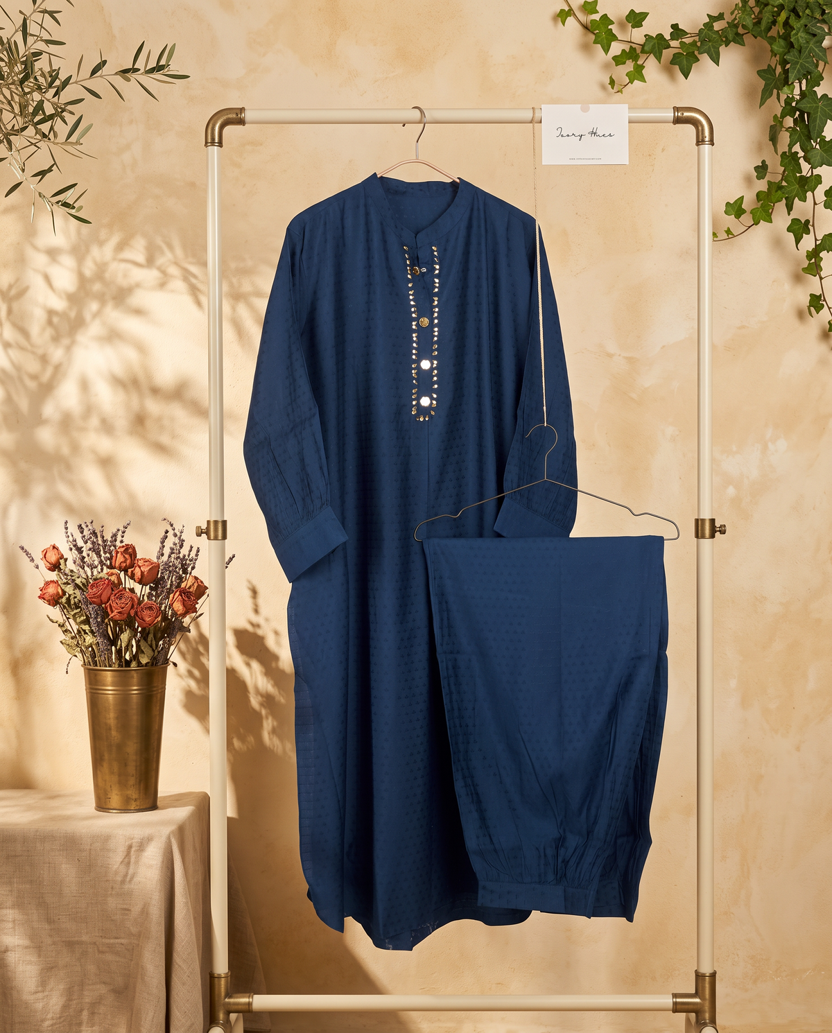 Meher Amara — navy blue viscose co-ord set with Afghani-style pants — Ivory Hues, Indian ethnic wear Singapore