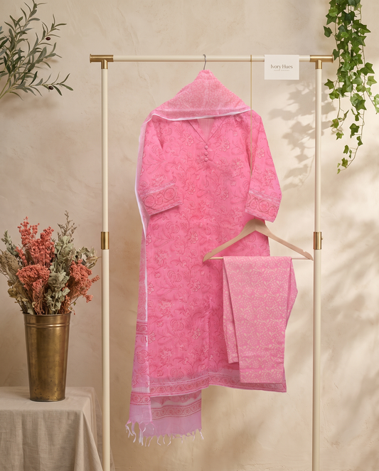 Kota Kainaat Sur — French rose Kota fabric suit with handblock prints — Ivory Hues, Indian ethnic wear Singapore