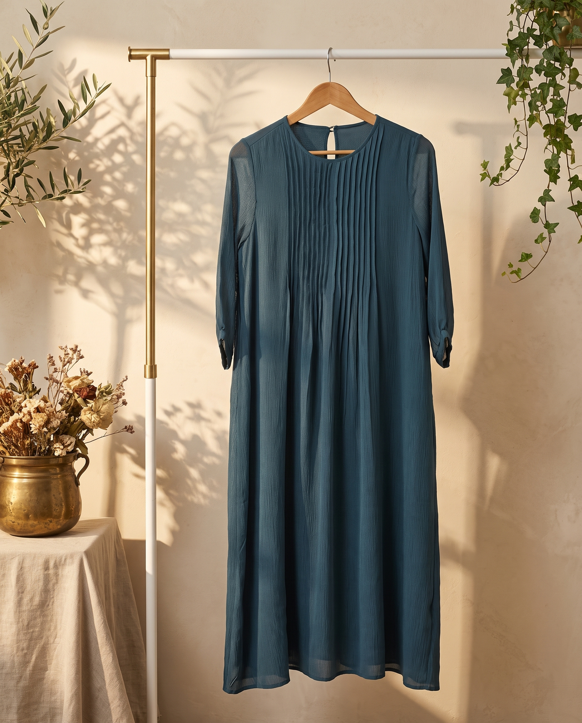 Raahi Dastaan — teal Crushed Chanderi A-line dress with pintucked neckline — Ivory Hues, Indian ethnic wear Singapore