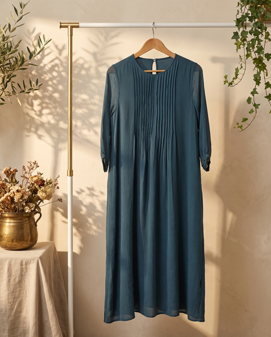 Raahi Dastaan — teal Crushed Chanderi A-line dress with pintucked neckline — Ivory Hues, Indian ethnic wear Singapore