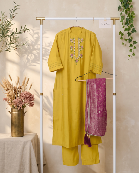 Noor Zariya — mustard yellow suit with magenta brocade shawl and tassels — Ivory Hues, Indian ethnic wear Singapore