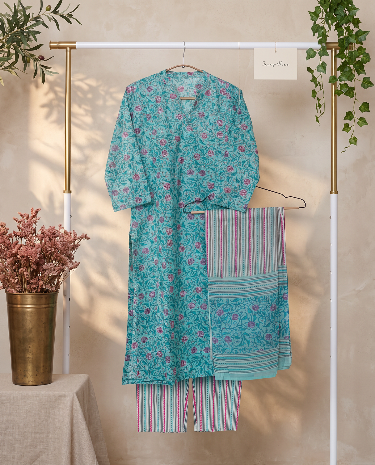 Anokhi Rupa — turquoise angrakha suit with floral handblock print — Ivory Hues, Indian ethnic wear Singapore