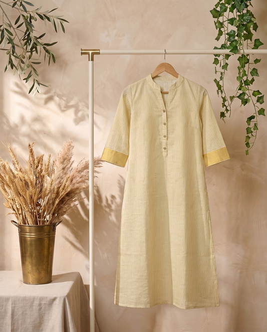 Mandaram — cotton A-line dress with zari lines and gold-bordered sleeves — Ivory Hues, Indian ethnic wear Singapore