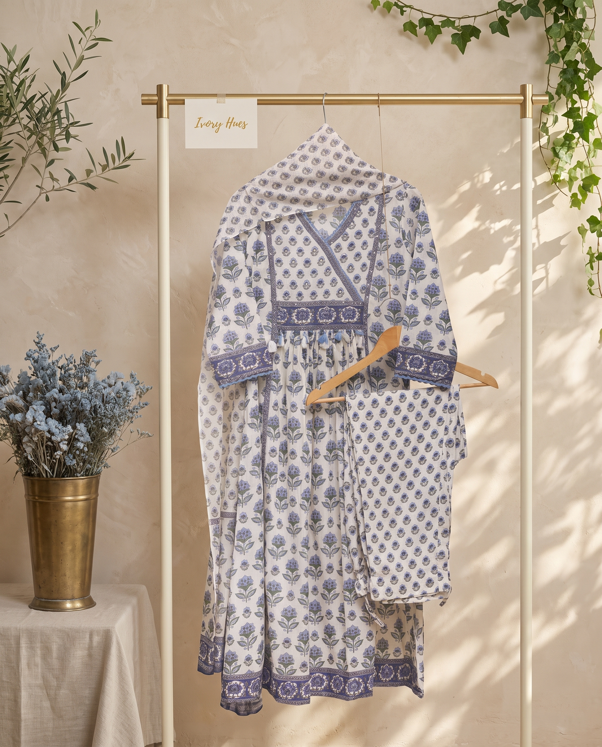 Malhar Roop — cotton suit with handblock print and beaded tassel yoke — Ivory Hues, Indian ethnic wear Singapore