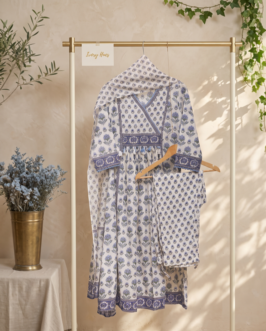 Malhar Roop — cotton suit with handblock print and beaded tassel yoke — Ivory Hues, Indian ethnic wear Singapore