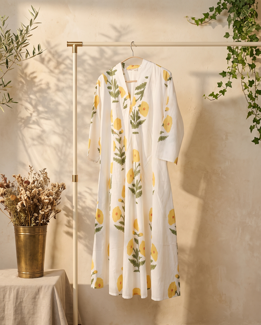 Fiza 3.0 Yellow Poppy — yellow poppy-print cotton dress with V-neckline and pockets — Ivory Hues, Indian ethnic wear Singapore