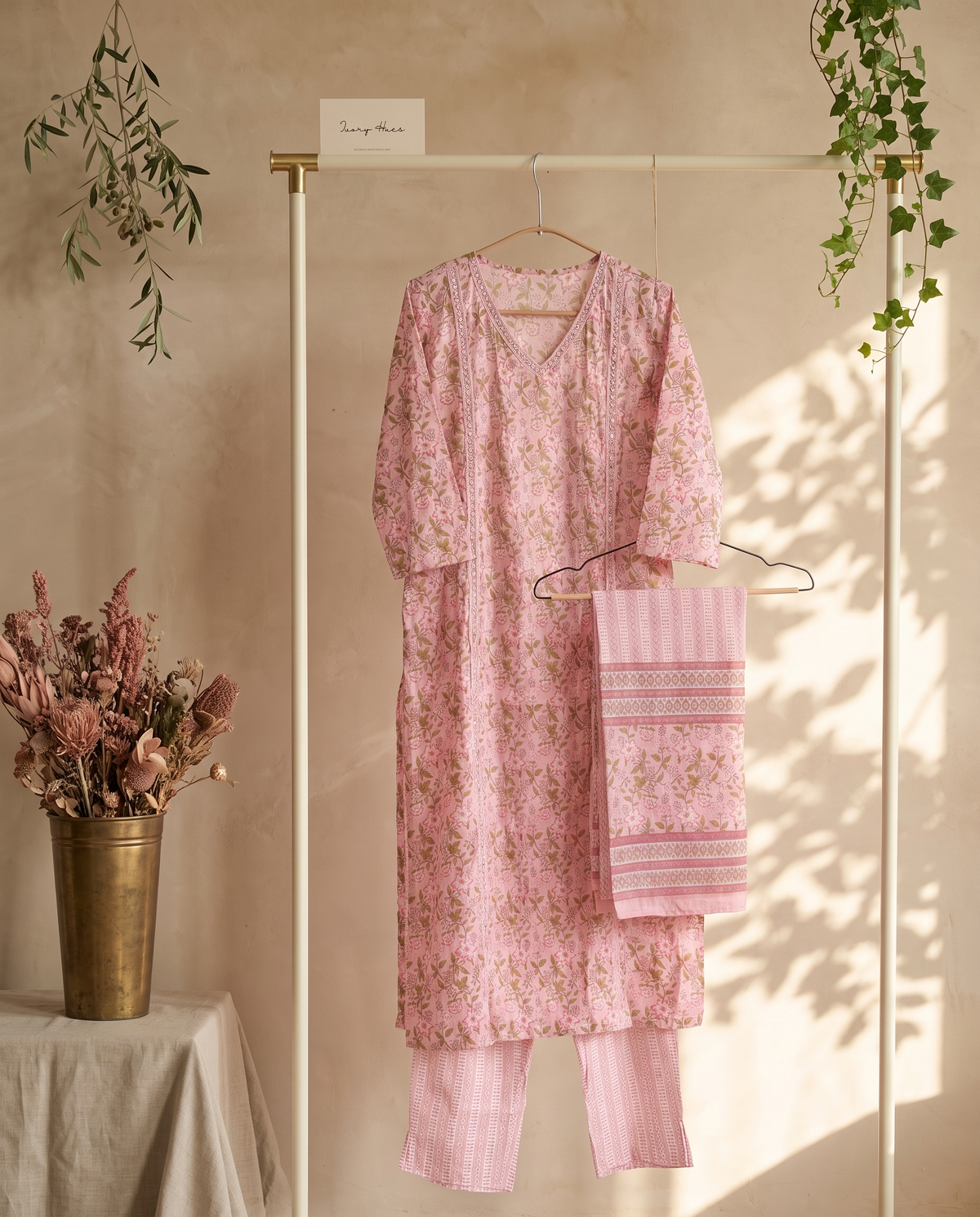 Anokhi Rang — pastel pink suit with Jaipuri prints and pintuck panel — Ivory Hues, Indian ethnic wear Singapore