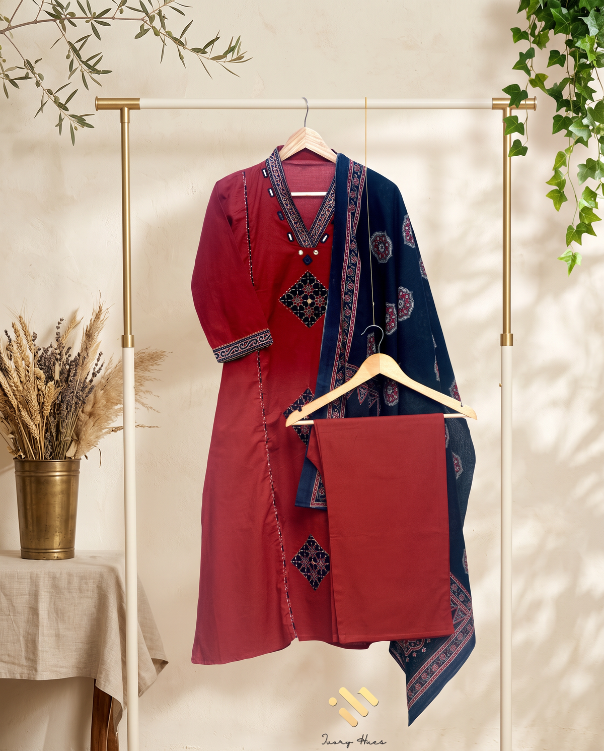 Anokhi Lata — red and black cotton suit with applique and mirror embellishment — Ivory Hues, Indian ethnic wear Singapore
