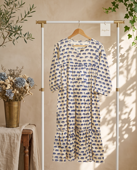 Leher Haathi — white dress with blue elephant handblock print, flared silhouette — Ivory Hues, Indian ethnic wear Singapore