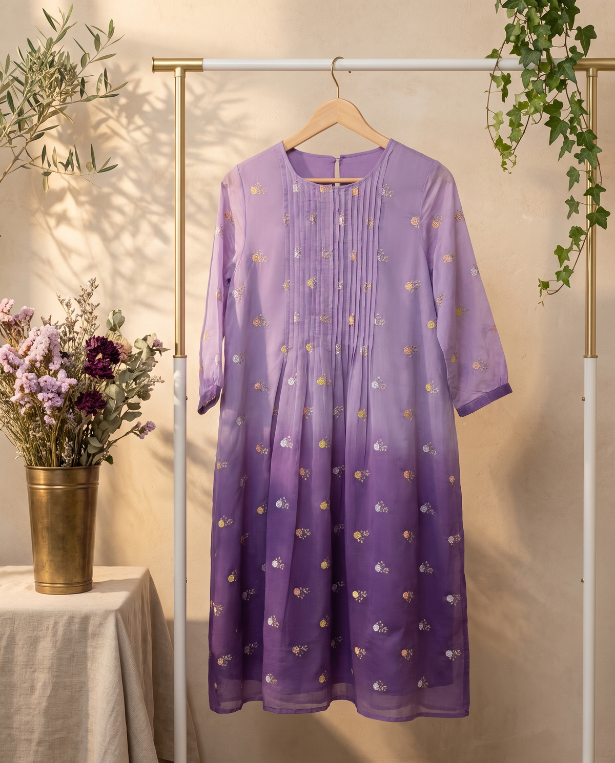 Raahi Gul — lilac ombré Mul Chanderi A-line dress with pintucked neckline — Ivory Hues, Indian ethnic wear Singapore