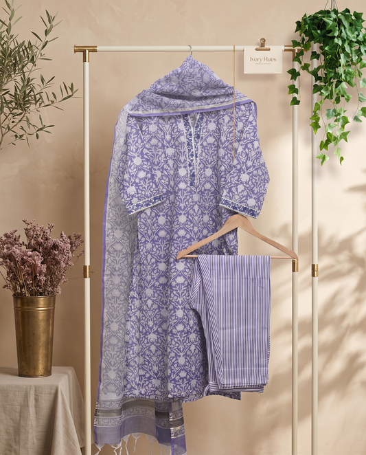 Anokhi Neela — lavender-purple suit with floral handblock prints, Chinese collar — Ivory Hues, Indian ethnic wear Singapore