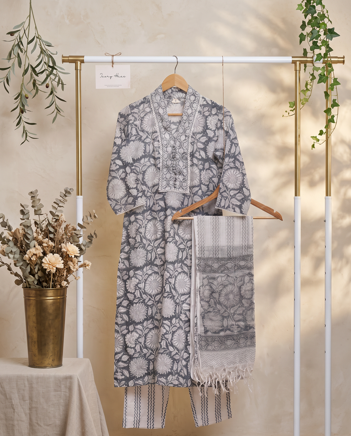 Anokhi Samaah — grey and white cotton suit with floral handblock print — Ivory Hues, Indian ethnic wear Singapore