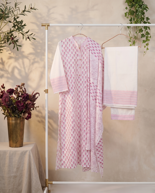 Malhar Nazm — white cotton suit with pink butta handblock print — Ivory Hues, Indian ethnic wear Singapore