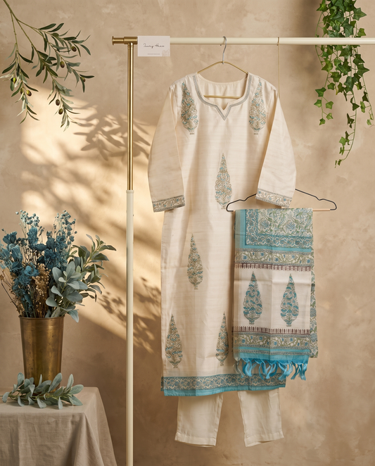 Leela Suhani — ivory semi-Tussar suit with blue Mughal print — Ivory Hues, Indian ethnic wear Singapore